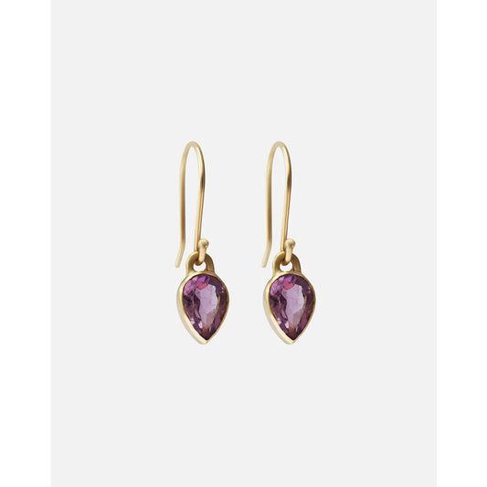 Details.  Indulge in the timeless elegance of these single amethyst earrings. The stunning amethyst stones are beautifully showcased in an elegant and sophisticated design. Elevate any outfit with these exquisite earrings - a must-have addition to your jewelry collection. Tear shaped Amethysts Stone  HxW: 20.79mm x 5.44mm 14k Yellow Gold Each earring measures 6.83mm  x 4.69mm  